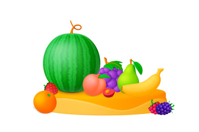 Fruits and berries 3d on podium, fresh fruit composition. Isolated wat