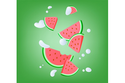 Juicy watermelon slices, 3d fruit cut and white abstract shapes. Moder