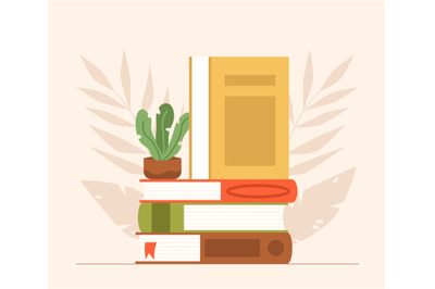 Library, school and education concept. Books pile and plant in pot. Se