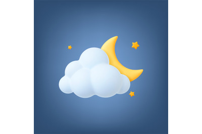 Stars, moon in cloud 3d design. Crescent in sky, realistic plastic sof
