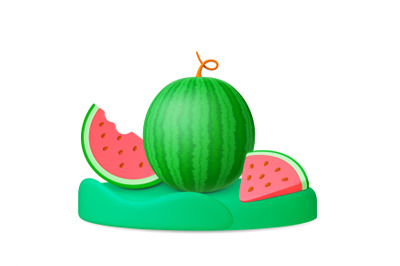 Watermelon on podium 3d scene. Realistic watermelons slices, juicy fre