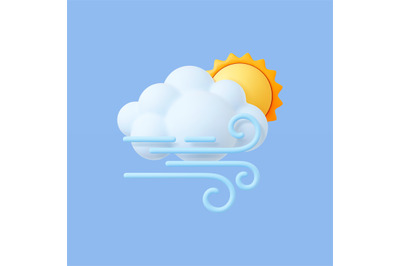 Wind weather 3d icon. Realistic cloud on blue, windy day symbol. Autum