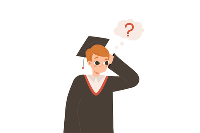 Graduated student thoughtful, boy has question and looking answers. Th