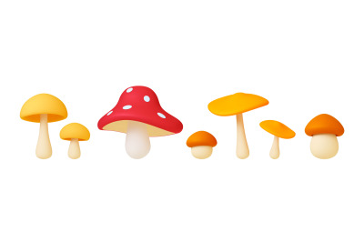 Mushroom 3d render collection. Mushrooms isolated clipart, autumn fore