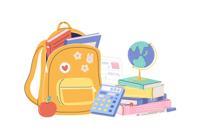 School stationery, backpack, books pile and notebook. Calculator and g