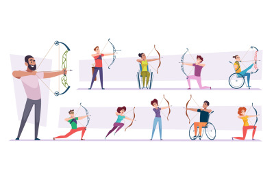 Archers. Disability sport characters shooting to aim exact vector peop