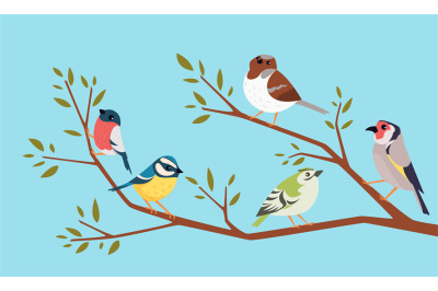 Birds on a branch. Cartoon animals sitting on branch funny pigeons and