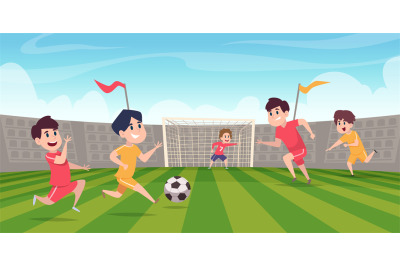 Football team. Kids playing with ball on stadium field exact vector ca