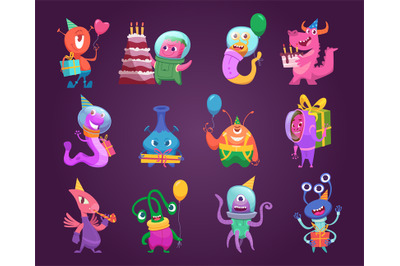 Funny aliens. Space cartoon characters with balloons exact vector part