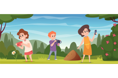 Photographers. Kids making photo outdoor exact vector cartoon backgrou