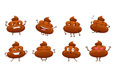 Poop characters. Little funny emoticons of pooping excrement faces exa