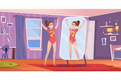 People mirror looking. Cartoon background with characters standing and