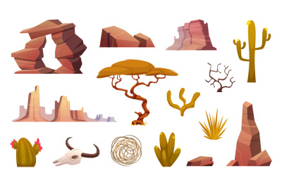 Desert landscape kit. Cactus rocks trees and sand plants for exotic ou