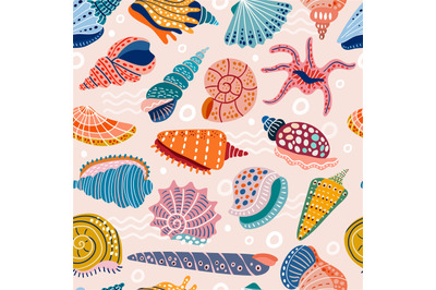 Seashell pattern. Doodle stylized seashells pictures recent vector sea