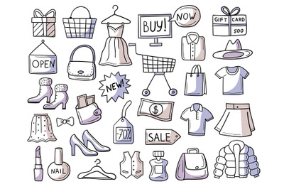 Shopping doodles. Hand drawn symbols of market bags clothes shoes gadg