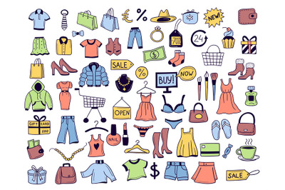 Shopping items. Clothes gadgets market products delivery symbols recen