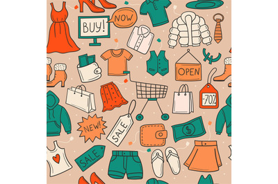 Shopping pattern. Seamless background with market symbols gadgets mark