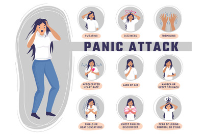 Panic attack infographic. Medical symptoms of fear aniety problem rece