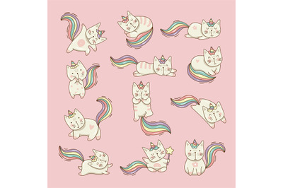 Cat unicorn. Cute little domestic fantasy animals kawaii stylized cats