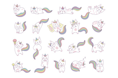 Kawaii cats. Funny happy animals fantasy unicorns in action poses rece