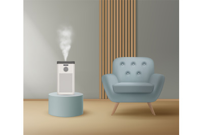 Humidifiers in living room. Modern interior background with purifiers