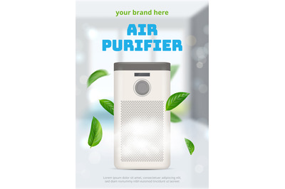 Air purifier poster. Ads with humidifiers realistic illustration decen