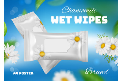 Wet wipes poster. Ads placard of cleaning fresh tissues decent vector