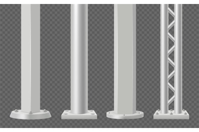 Metal columns. Realistic armored steel pipes street pillars decent vec