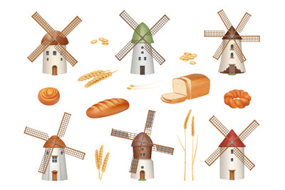 Windmill. Rural symbols construction making flour bakery food producti