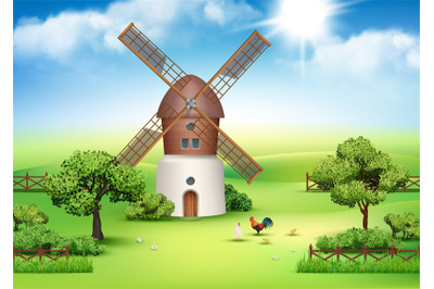 Windmill. Realistic outdoor background with windmill hills and grass f