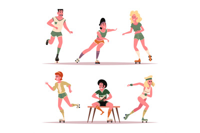 Retro rollers. Male and female skaters in action poses exact vector ca