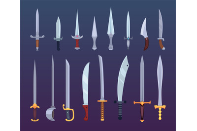 Swords. Fairytale weapons for battle cartoon war with cutting and stab