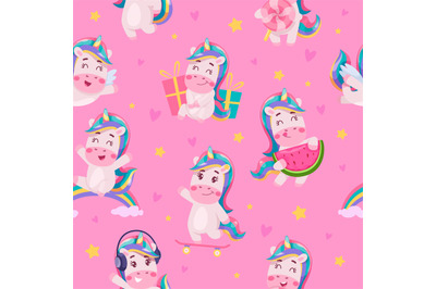 Unicorns pattern. Seamless background with funny cute fairytale animal