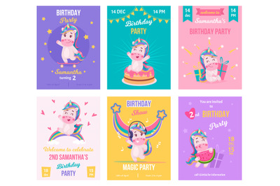 Pony card. Placards invitation to kids party with funny cartoon unicor