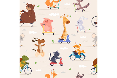 Animals riders pattern. Animals skating on bikes and scooters on road