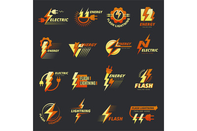 Electricity logo. Flash bolts power symbols for badges recent vector t