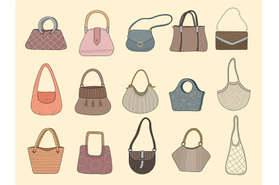 Purses. Stylized fashioned bags textile grocery mesh recent vector sho