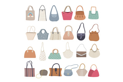 Bags models. Fashioned purses and grocery meshes recent vector handbag