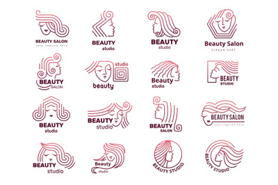 Beauty logo. Woman faces stylized symbols for beauty shop recent vecto