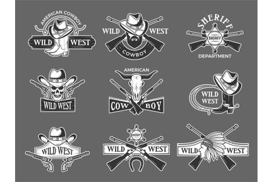 Wild west logo. Sheriff retro symbols collection recent vector wild we