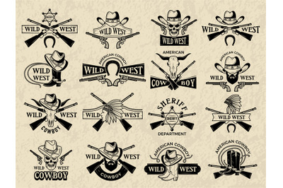 Wild west badges. Cowboy and sheriff symbols guns and bullets retro ol