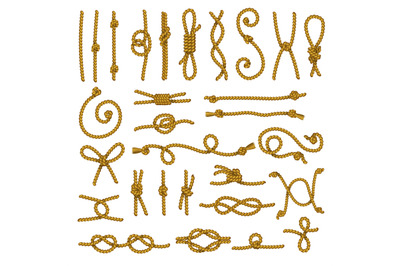 Rope pieces. Curved marine rope pieces with knot recent vector illustr