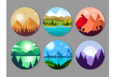 Landscape. Circle frames with colored natural weather backgrounds with