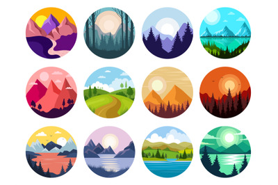 Landscape. Stylized outdoor backgrounds in circle forms landscapes wit