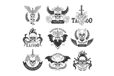Tattoo labels. Badges for human skin recent vector fashioned templates