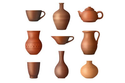 Clay utensil. Handmade kitchenware cups and kettles decent vector real