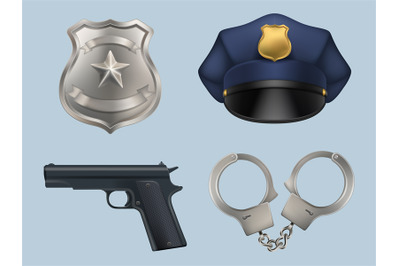 Police items. Realistic equipment from police station decent vector te