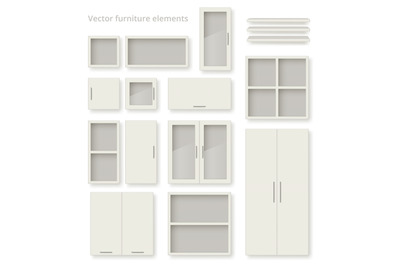 Furniture elements. Tables shelves wardrobe bed decent vector realisti