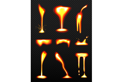 Hot lava. Burning liquid glowing lava decent vector pictures set