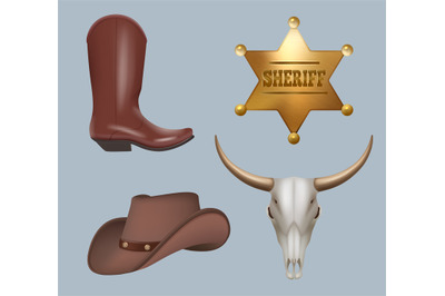 Wild west. Cowboy realistic items money hat weapon skull boots decent